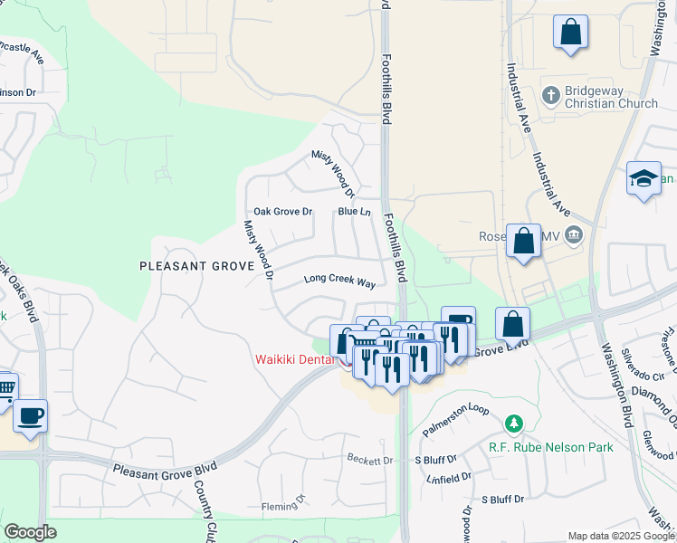 map of restaurants, bars, coffee shops, grocery stores, and more near 1432 Long Creek Way in Roseville