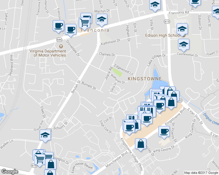 map of restaurants, bars, coffee shops, grocery stores, and more near 6518 Delia Drive in Alexandria