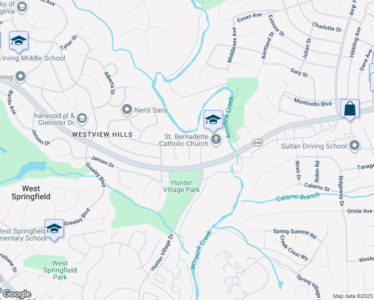 map of restaurants, bars, coffee shops, grocery stores, and more near 6614 Burlington Place in West Springfield