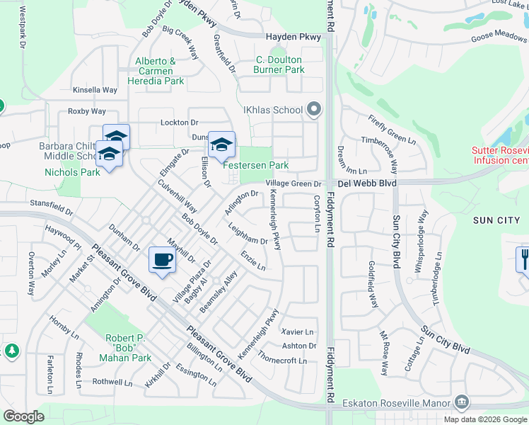 map of restaurants, bars, coffee shops, grocery stores, and more near 3431 Kennerleigh Parkway in Roseville