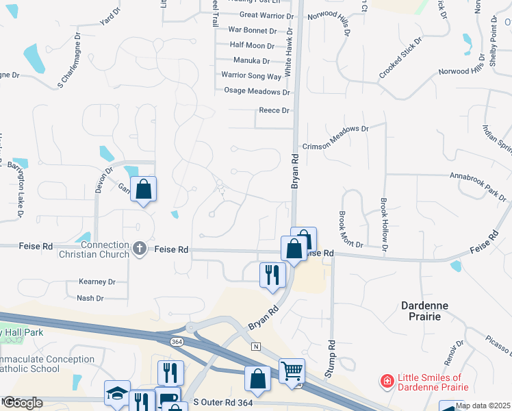 map of restaurants, bars, coffee shops, grocery stores, and more near 1575 Bryan Road in O'Fallon