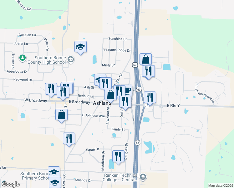 map of restaurants, bars, coffee shops, grocery stores, and more near 512 Redbud Lane in Columbia