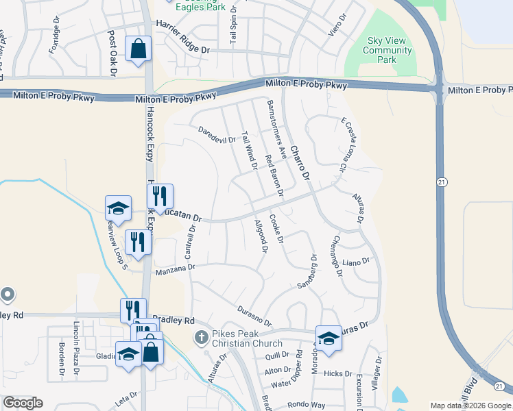 map of restaurants, bars, coffee shops, grocery stores, and more near 5001 Barnstormers Avenue in Colorado Springs