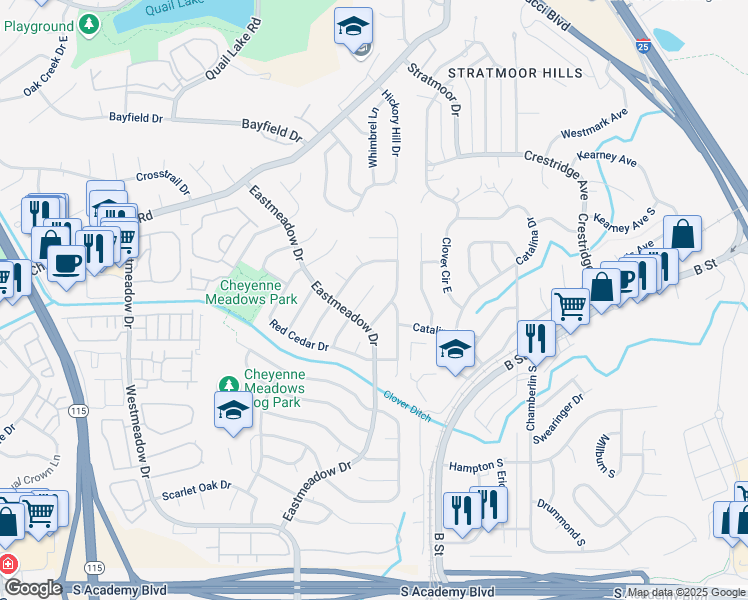 map of restaurants, bars, coffee shops, grocery stores, and more near 3940 Valley View Street in Colorado Springs