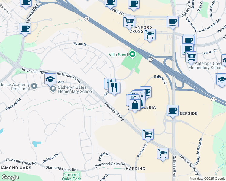 map of restaurants, bars, coffee shops, grocery stores, and more near 202 Gibson Drive in Roseville