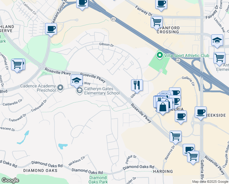 map of restaurants, bars, coffee shops, grocery stores, and more near 950 Trehowell Drive in Roseville