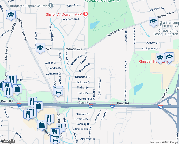 map of restaurants, bars, coffee shops, grocery stores, and more near 2518 Rigsby Drive in St. Louis