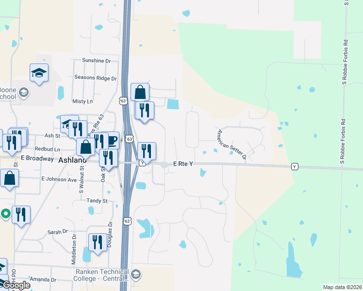 map of restaurants, bars, coffee shops, grocery stores, and more near 5495 E State Route Y in Ashland