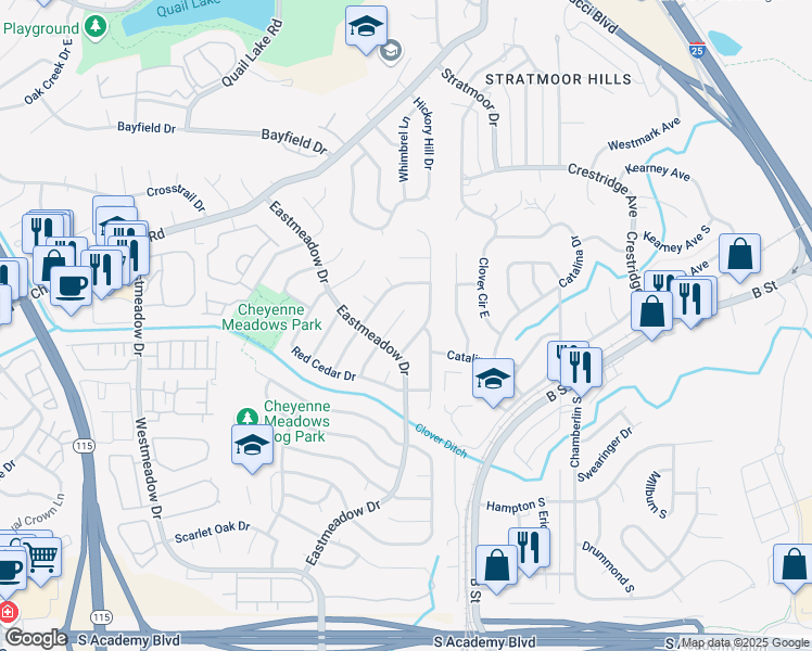 map of restaurants, bars, coffee shops, grocery stores, and more near 3940 Valley View Street in Colorado Springs