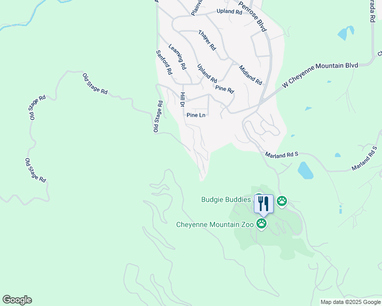 map of restaurants, bars, coffee shops, grocery stores, and more near 2195 Old Stage Road in Colorado Springs