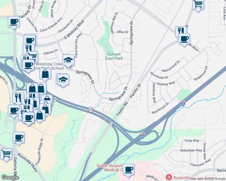 map of restaurants, bars, coffee shops, grocery stores, and more near 5904 Springview Drive in Rocklin