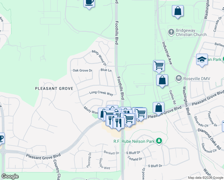 map of restaurants, bars, coffee shops, grocery stores, and more near 1406 Long Creek Way in Roseville