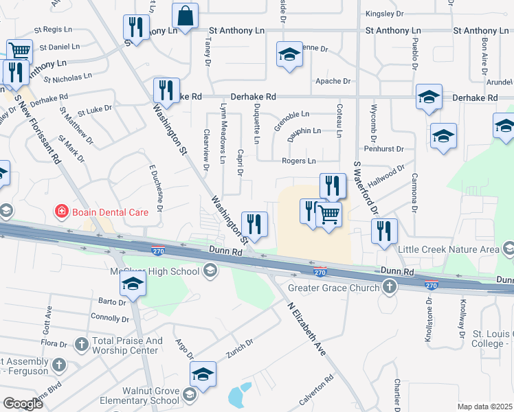 map of restaurants, bars, coffee shops, grocery stores, and more near 7 Montclair Court in Florissant