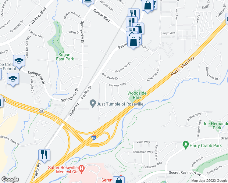 map of restaurants, bars, coffee shops, grocery stores, and more near 6295 Edgewood Way in Rocklin