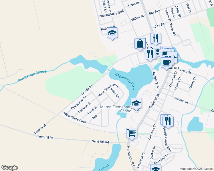 map of restaurants, bars, coffee shops, grocery stores, and more near 112 West Shore Drive in Milton