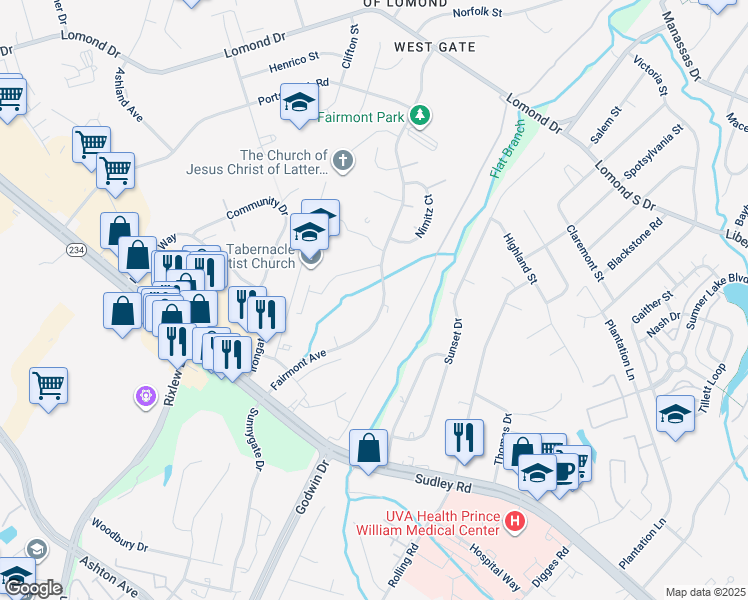 map of restaurants, bars, coffee shops, grocery stores, and more near 8304 Scotland Loop in Manassas