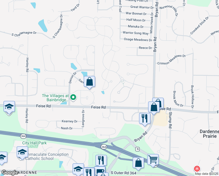map of restaurants, bars, coffee shops, grocery stores, and more near 1301 Feise Road in O'Fallon