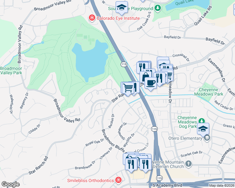 map of restaurants, bars, coffee shops, grocery stores, and more near 412 Cobblestone Drive in Colorado Springs