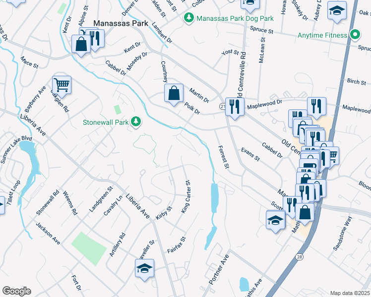 map of restaurants, bars, coffee shops, grocery stores, and more near 303 Kirby Street in Manassas Park