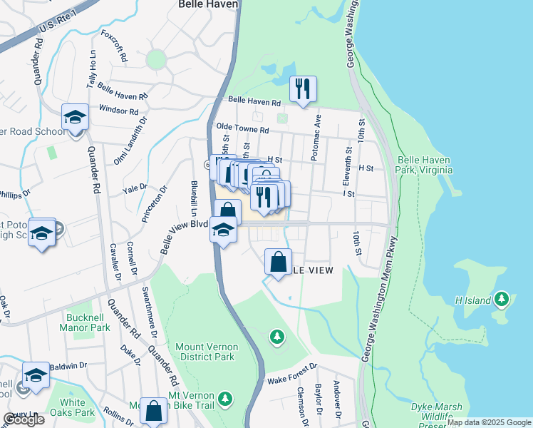 map of restaurants, bars, coffee shops, grocery stores, and more near 1508A Belle View Boulevard in Alexandria
