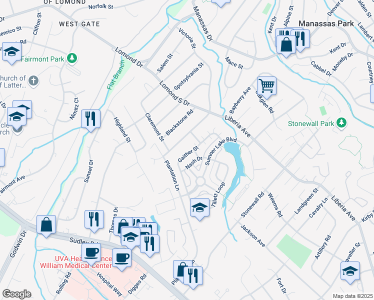 map of restaurants, bars, coffee shops, grocery stores, and more near 8353 Gaither Street in Manassas