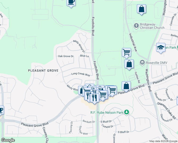 map of restaurants, bars, coffee shops, grocery stores, and more near 1406 Long Creek Way in Roseville