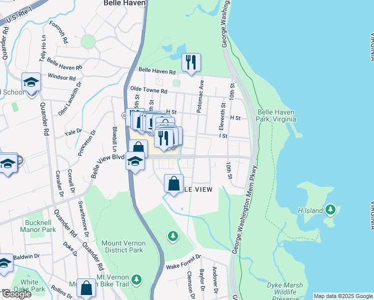 map of restaurants, bars, coffee shops, grocery stores, and more near 1404 Belle View Boulevard in Alexandria
