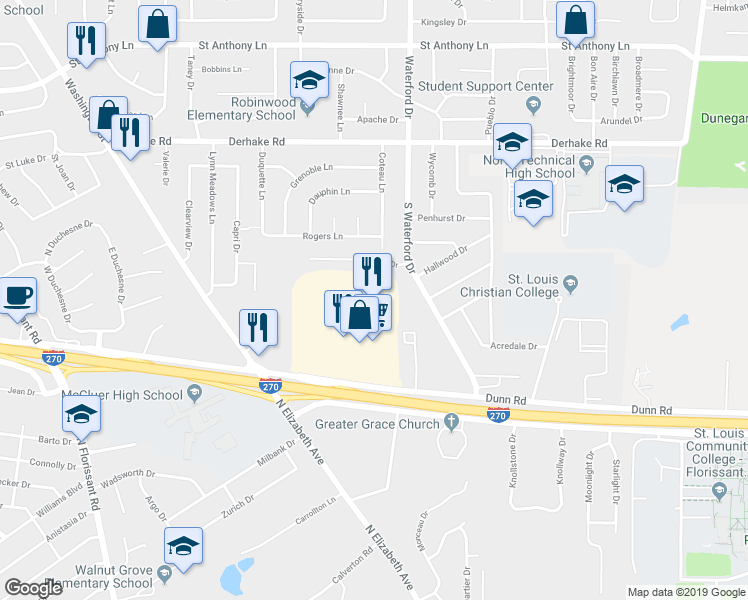 map of restaurants, bars, coffee shops, grocery stores, and more near 69 Grandview Plaza Shopping Center in Florissant