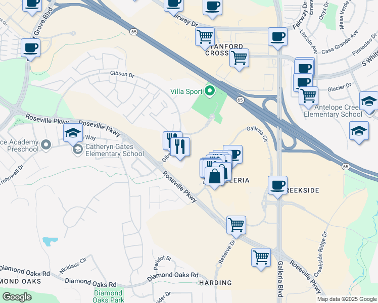 map of restaurants, bars, coffee shops, grocery stores, and more near 200 Gibson Drive in Roseville