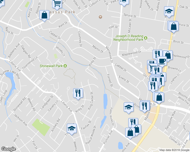 map of restaurants, bars, coffee shops, grocery stores, and more near 242 Kirby Street in Manassas Park