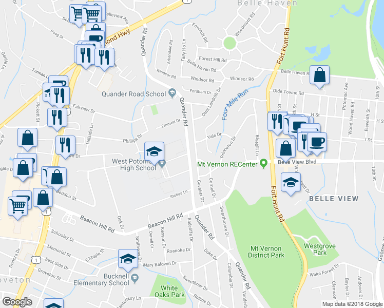 map of restaurants, bars, coffee shops, grocery stores, and more near 6524 Cavalier Drive in Alexandria
