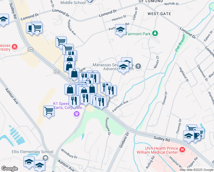 map of restaurants, bars, coffee shops, grocery stores, and more near 10009 Irongate Way in Manassas