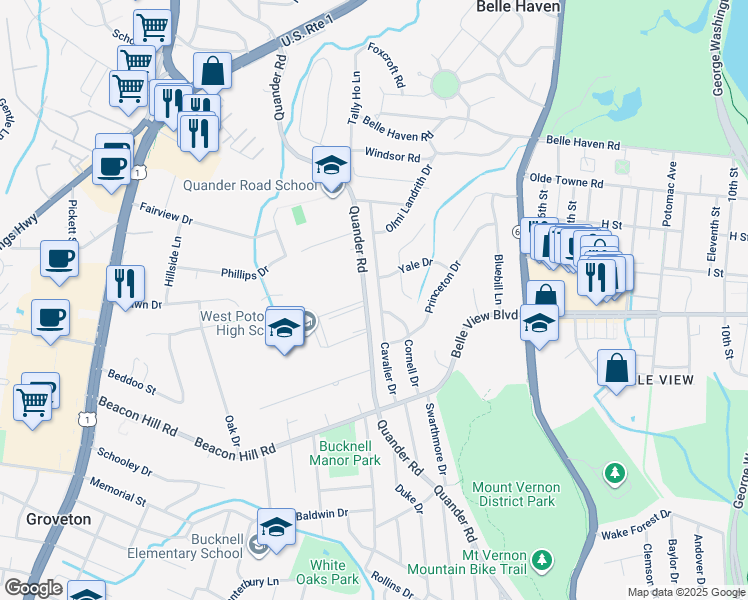 map of restaurants, bars, coffee shops, grocery stores, and more near 6524 Cavalier Drive in Alexandria
