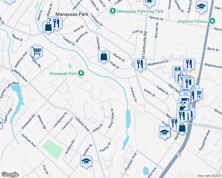 map of restaurants, bars, coffee shops, grocery stores, and more near 303 Kirby Street in Manassas Park
