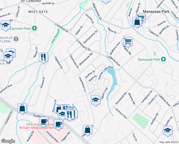 map of restaurants, bars, coffee shops, grocery stores, and more near 8353 Gaither Street in Manassas