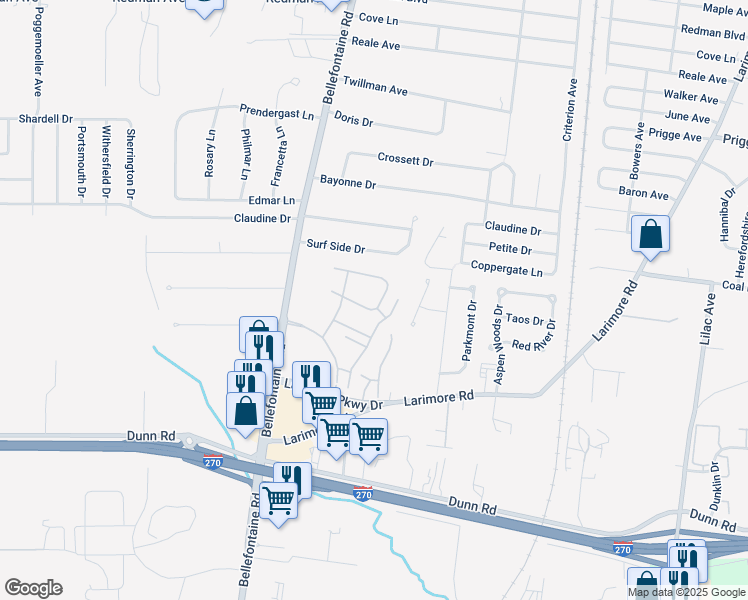 map of restaurants, bars, coffee shops, grocery stores, and more near 11231 Marbella Drive in St. Louis