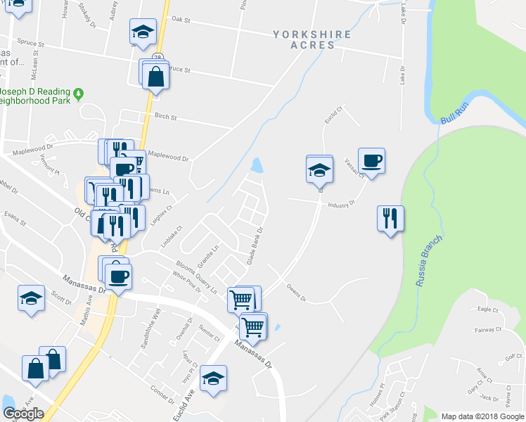 map of restaurants, bars, coffee shops, grocery stores, and more near 8102 Bright Pond Way in Manassas