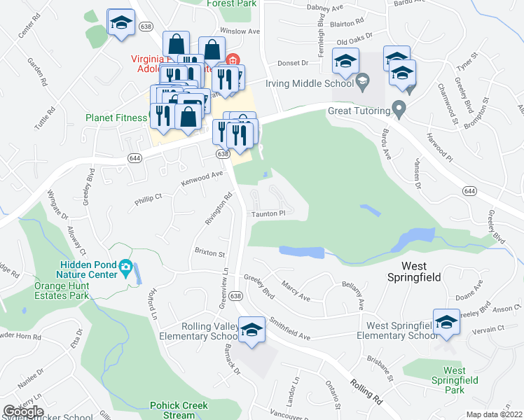 map of restaurants, bars, coffee shops, grocery stores, and more near 6429 Wainfleet Court in West Springfield