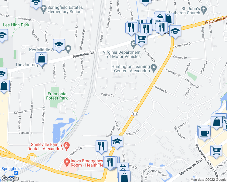 map of restaurants, bars, coffee shops, grocery stores, and more near 6510 Yadkin Court in Alexandria