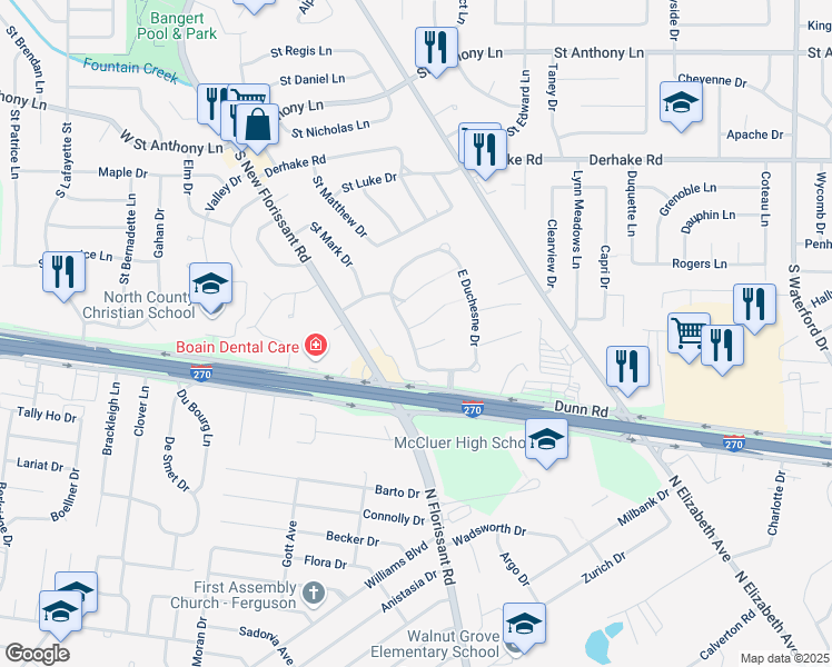 map of restaurants, bars, coffee shops, grocery stores, and more near 1515 West Duchesne Drive in Florissant