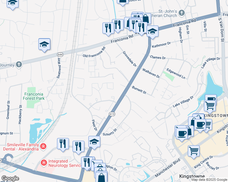 map of restaurants, bars, coffee shops, grocery stores, and more near 6567 China Grove Court in Alexandria