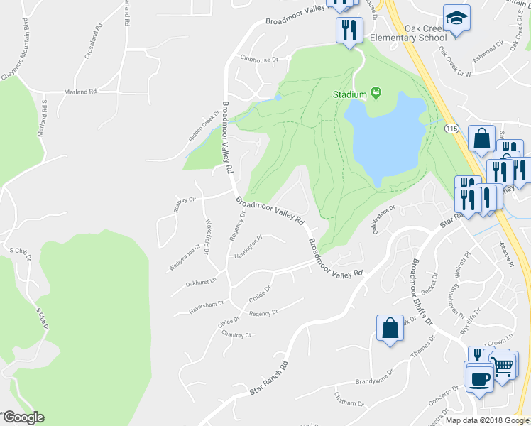 map of restaurants, bars, coffee shops, grocery stores, and more near 3926 Broadmoor Valley Road in Colorado Springs