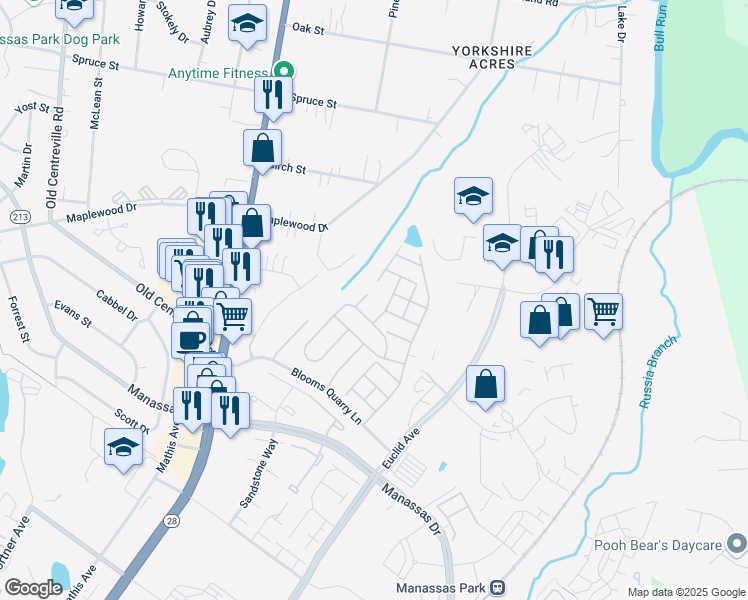 map of restaurants, bars, coffee shops, grocery stores, and more near 8209 Calm Pond Court in Manassas