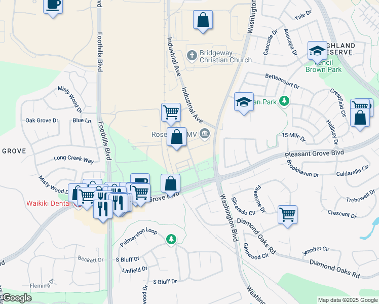 map of restaurants, bars, coffee shops, grocery stores, and more near 7211 Galilee Road in Roseville