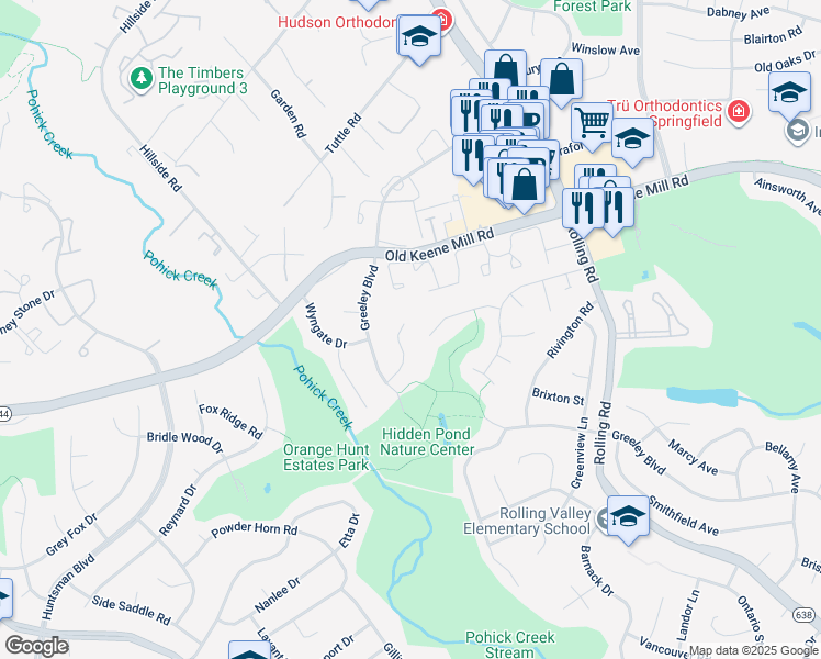 map of restaurants, bars, coffee shops, grocery stores, and more near 6411 Brentford Dr in Springfield