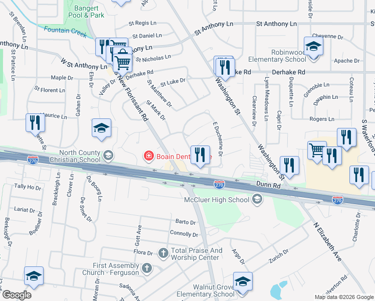 map of restaurants, bars, coffee shops, grocery stores, and more near 1515 West Duchesne Drive in Florissant