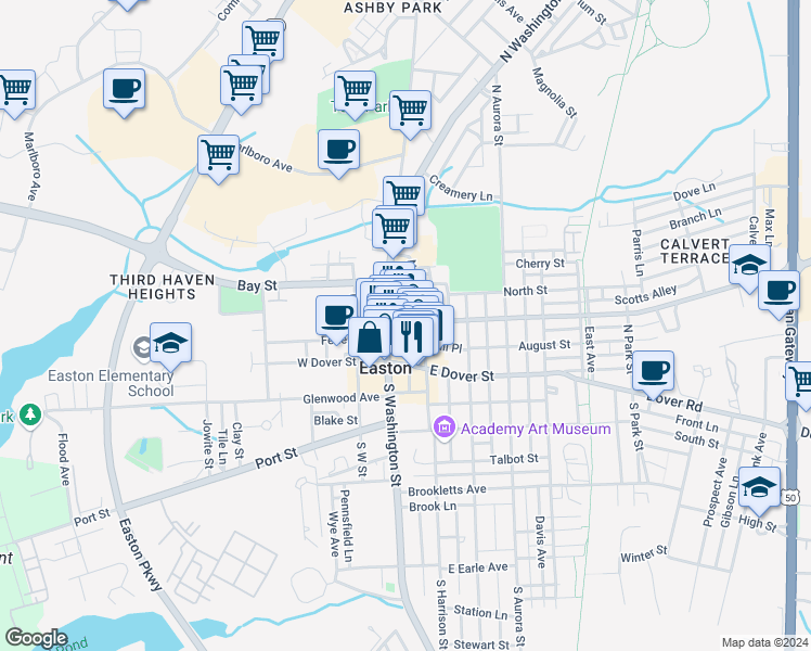 map of restaurants, bars, coffee shops, grocery stores, and more near 22 Goldsborough Street in Easton