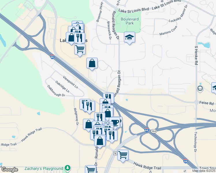 map of restaurants, bars, coffee shops, grocery stores, and more near 4 Technology Drive Loop in Lake Saint Louis