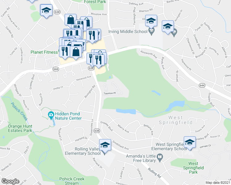 map of restaurants, bars, coffee shops, grocery stores, and more near 6434 Eastleigh Court in Springfield