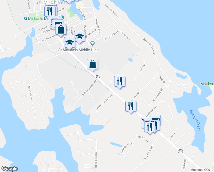 map of restaurants, bars, coffee shops, grocery stores, and more near 949 South Talbot Street in Saint Michaels